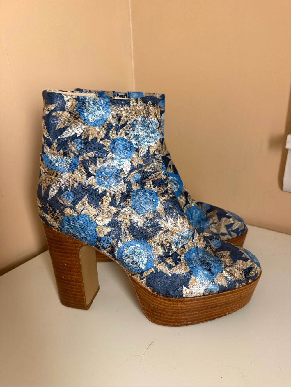 Cecelia New York blue floral platform heeled boots